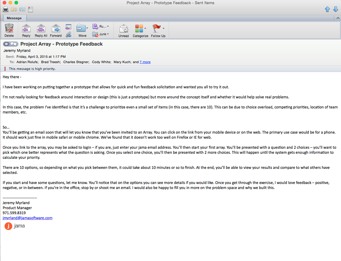 April prototype feedback email to sales and CSM